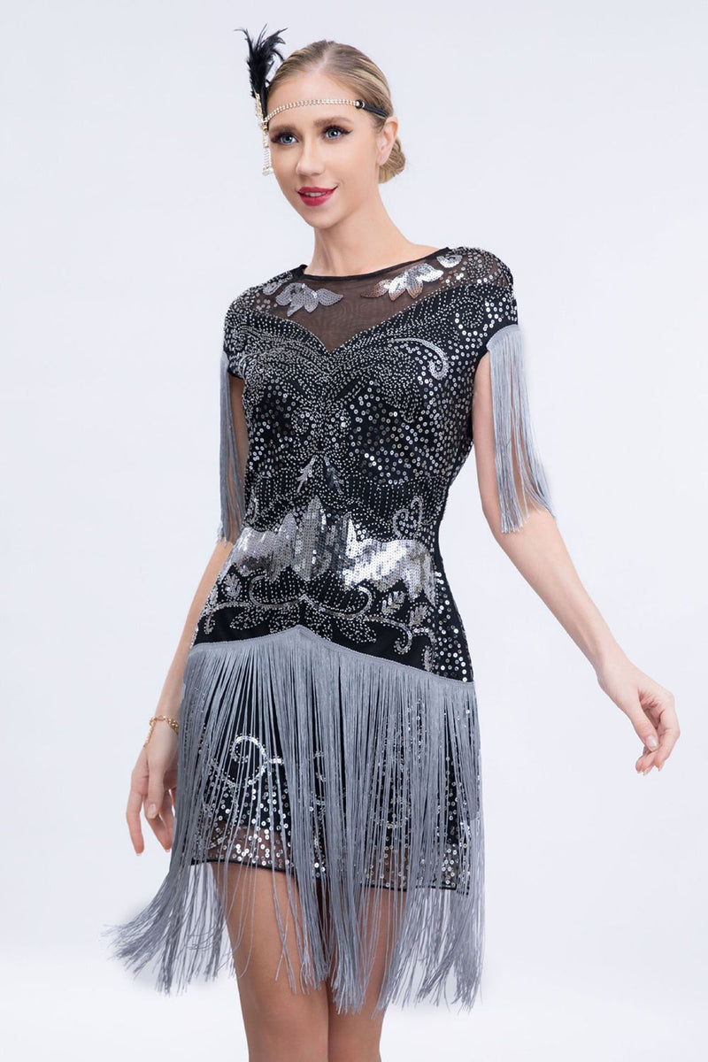 Load image into Gallery viewer, Grey Sequined Short 1920s Flapper Dress with Fringes