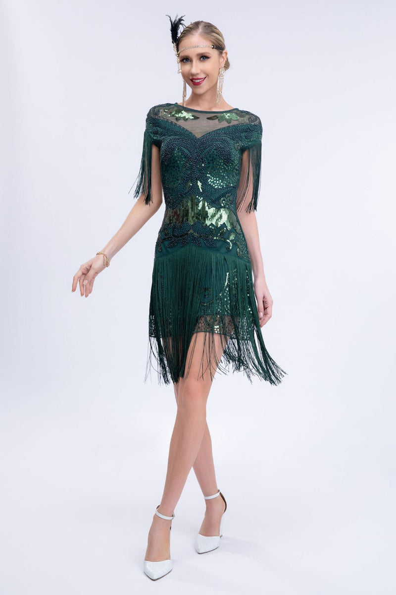 Load image into Gallery viewer, Grey Sequined Short 1920s Flapper Dress with Fringes