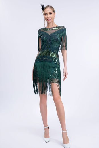 Grey Sequined Short 1920s Flapper Dress with Fringes