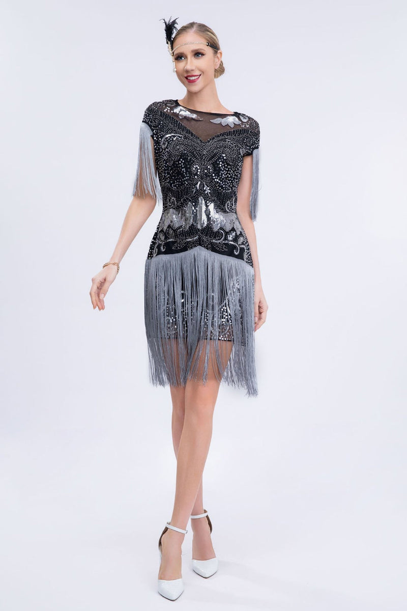 Load image into Gallery viewer, Grey Sequined Short 1920s Flapper Dress with Fringes