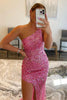 Load image into Gallery viewer, Sparkly Fuchsia One Shoulder Sequins Long Prom Dress with Slit