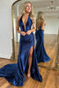 Load image into Gallery viewer, Navy Mermaid Halter Corset Ruched Satin Long Prom Dress with Slit