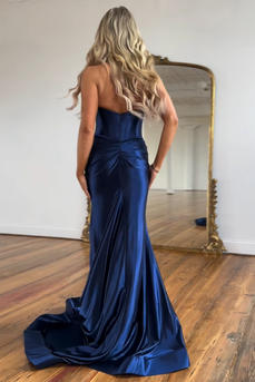 Navy Mermaid Halter Corset Ruched Satin Long Prom Dress with Slit