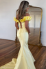 Load image into Gallery viewer, Yellow Mermaid Ruffle Off the Shoulder Corset Satin Long Prom Dress with Slit