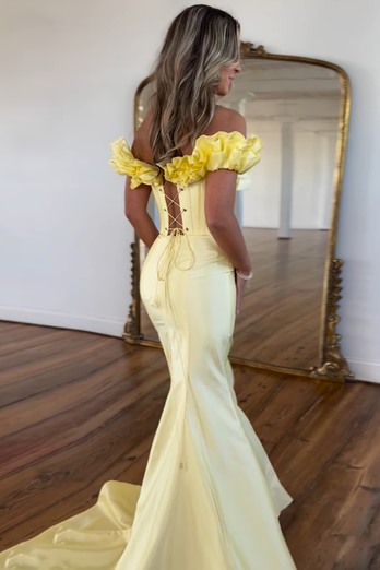 Yellow Mermaid Ruffle Off the Shoulder Corset Satin Long Prom Dress with Slit