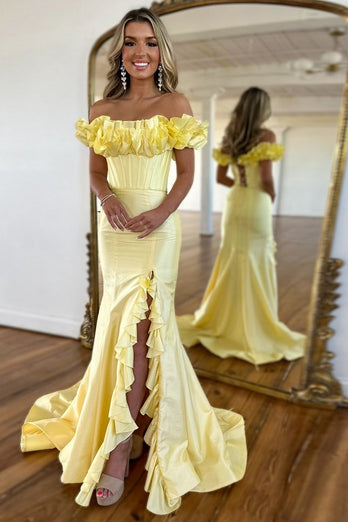 Yellow Mermaid Ruffle Off the Shoulder Corset Satin Long Prom Dress with Slit