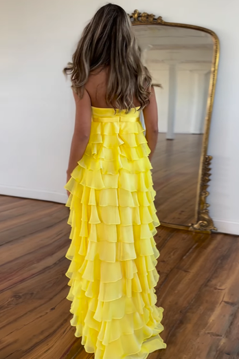 Yellow A-Line Empire Strapless Tiered Chiffon Long Prom Dress