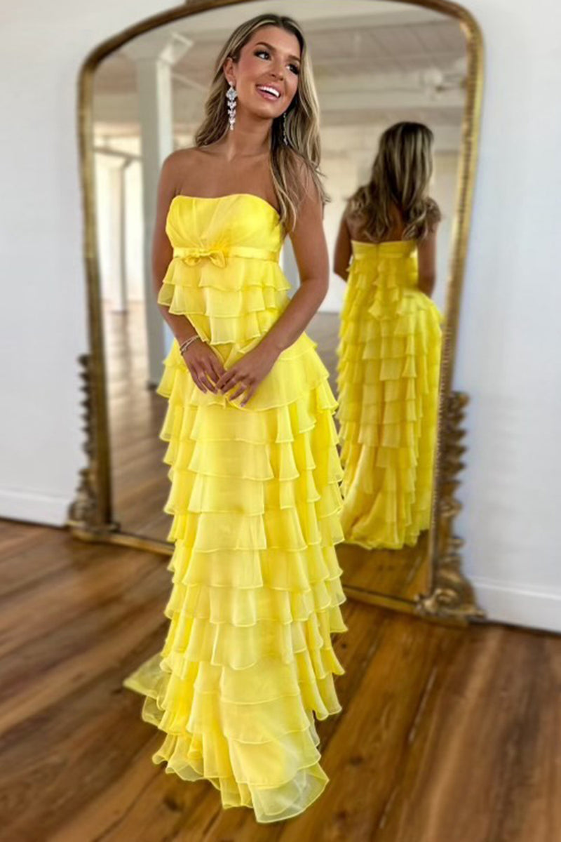 Load image into Gallery viewer, Yellow A-Line Empire Strapless Tiered Chiffon Long Prom Dress