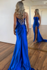 Load image into Gallery viewer, Sparkly Royal Blue Mermaid Strapless Beaded Corset Satin Long Prom Dress with Slit