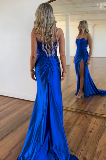 Sparkly Royal Blue Mermaid Strapless Beaded Corset Satin Long Prom Dress with Slit