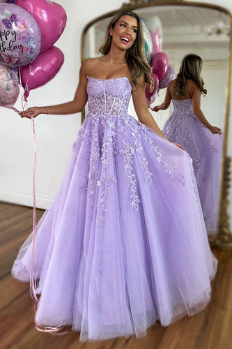 Sparkly Lilac A-Line Strapless Corset Tulle Long Prom Dress with Appliques