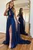 Load image into Gallery viewer, Navy A-Line Halter Flowers Long Prom Dress with Slit