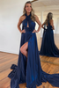 Load image into Gallery viewer, Navy A-Line Halter Flowers Long Prom Dress with Slit