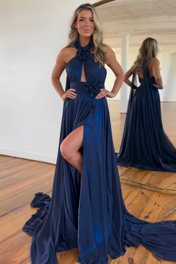 Navy A-Line Halter Flowers Long Prom Dress with Slit