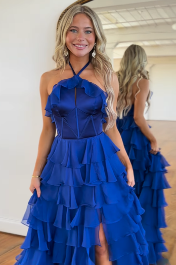 Royal Blue A-Line Halter Corset Tiered Chiffon Long Prom Dress with Slit