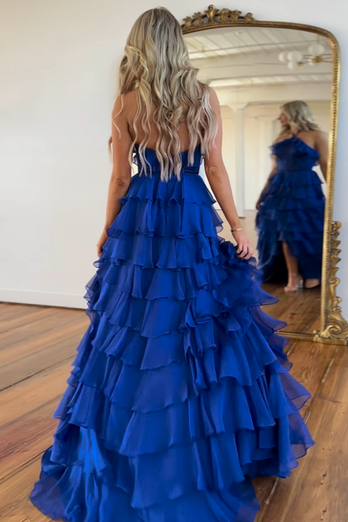 Royal Blue A-Line Halter Corset Tiered Chiffon Long Prom Dress with Slit