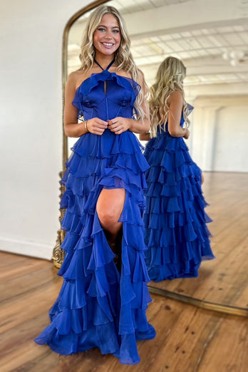 Royal Blue A-Line Halter Corset Tiered Chiffon Long Prom Dress with Slit