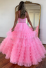 Load image into Gallery viewer, Sparkly Pink A-Line Spaghetti Straps Corset Tiered Tulle Long Prom Dress