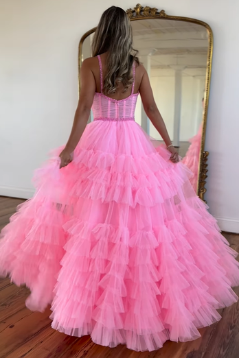 Sparkly Pink A-Line Spaghetti Straps Corset Tiered Tulle Long Prom Dress