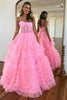 Load image into Gallery viewer, Sparkly Pink A-Line Spaghetti Straps Corset Tiered Tulle Long Prom Dress