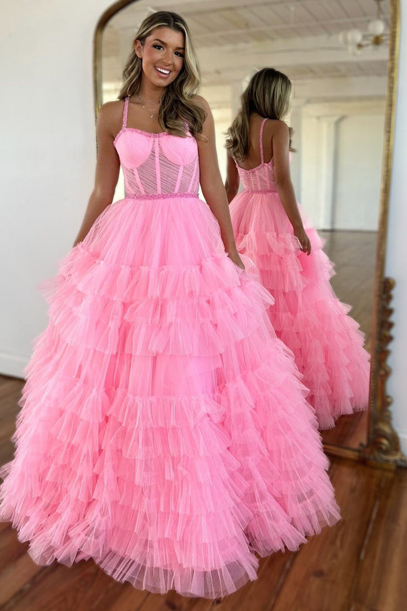 Load image into Gallery viewer, Sparkly Pink A-Line Spaghetti Straps Corset Tiered Tulle Long Prom Dress