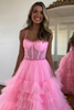 Load image into Gallery viewer, Sparkly Pink A-Line Spaghetti Straps Corset Tiered Tulle Long Prom Dress