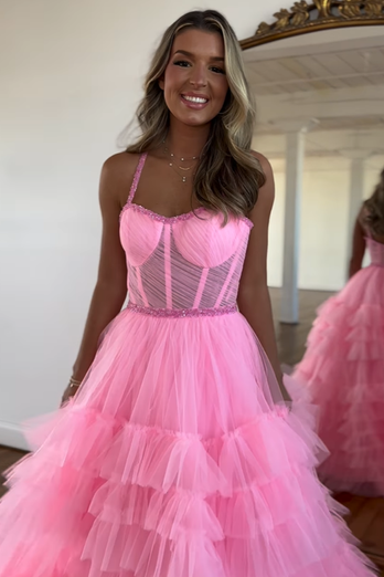 Sparkly Pink A-Line Spaghetti Straps Corset Tiered Tulle Long Prom Dress