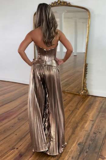 Metallic Rose Gold A-Line Strapless Corset Ruched Long Prom Dress with Slit