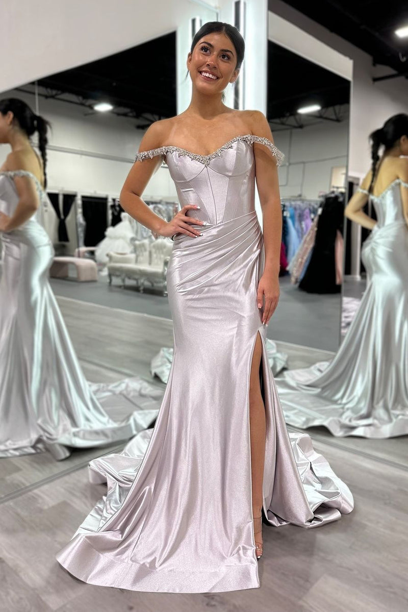 Load image into Gallery viewer, Sparkly Silver Mermaid Off the Shoulder Beaded Satin Corset Long Prom Dress with Slit