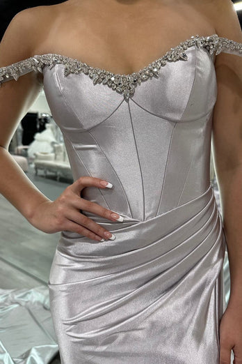 Sparkly Silver Mermaid Off the Shoulder Beaded Satin Corset Long Prom Dress with Slit