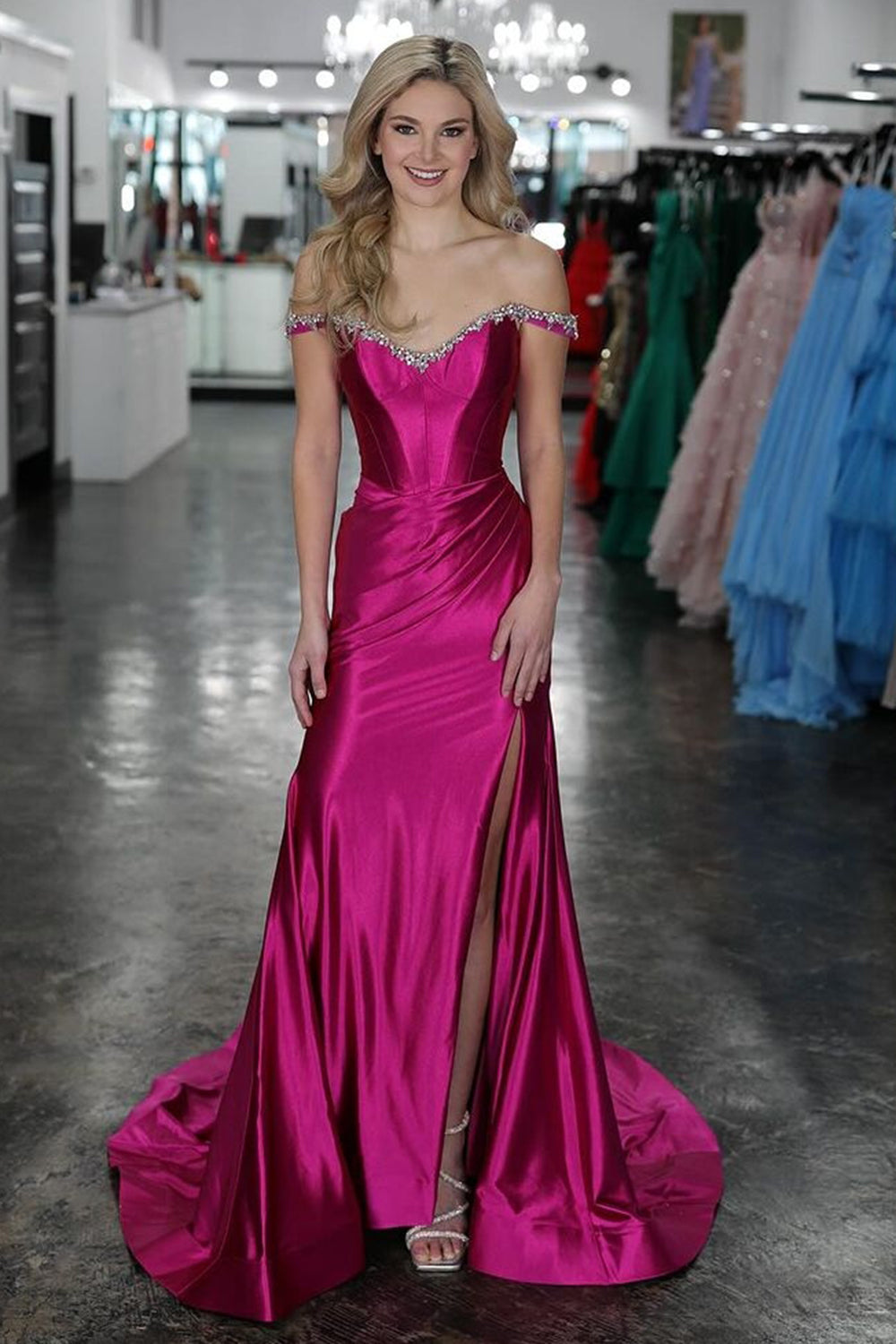 Sparkly Fuchsia Mermaid Off the Shoulder Beaded Satin Corset Long Prom Dress with Slit