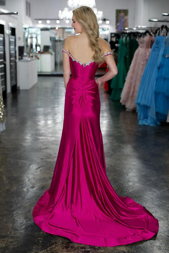 Sparkly Fuchsia Mermaid Off the Shoulder Beaded Satin Corset Long Prom Dress with Slit