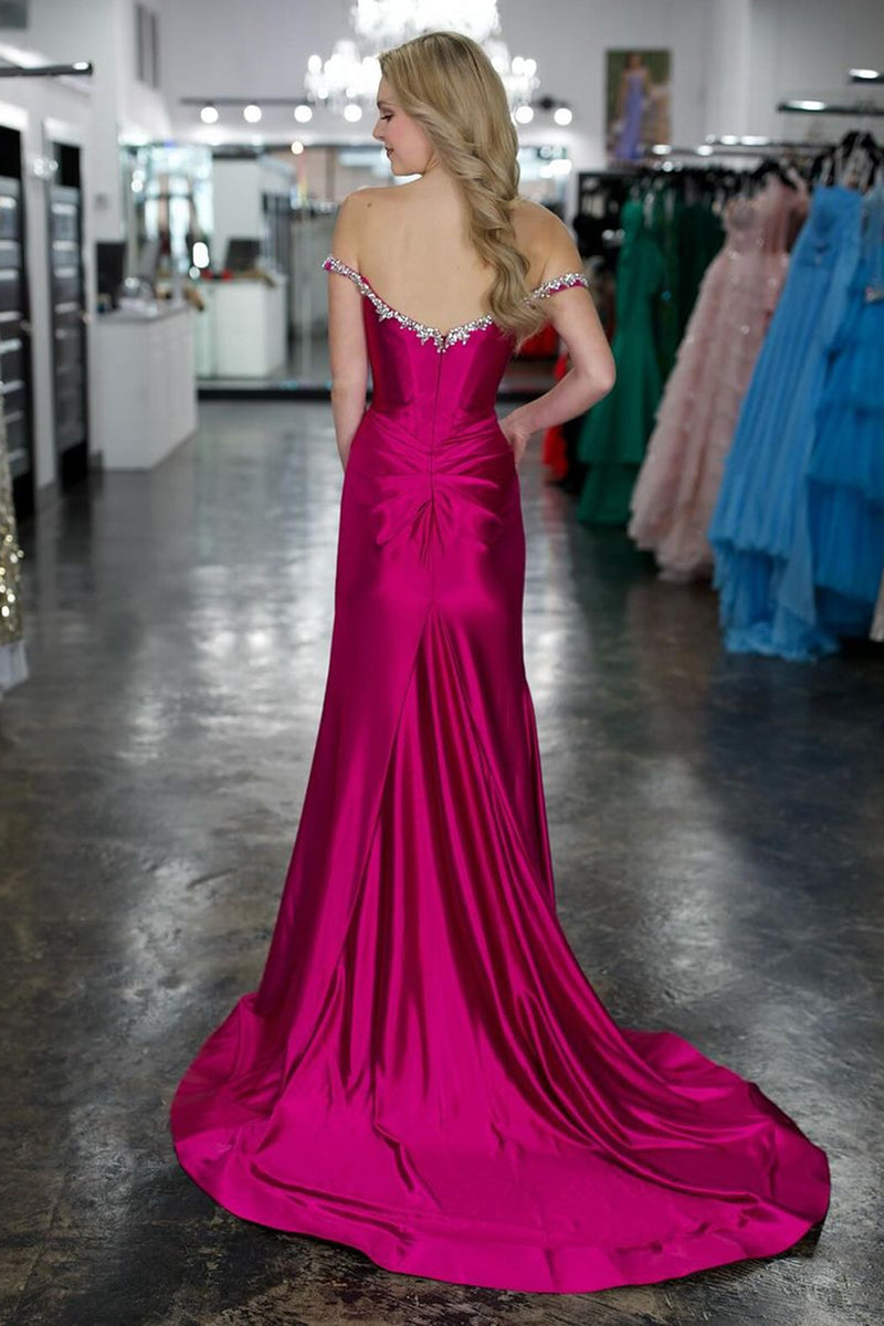 Load image into Gallery viewer, Sparkly Fuchsia Mermaid Off the Shoulder Beaded Satin Corset Long Prom Dress with Slit