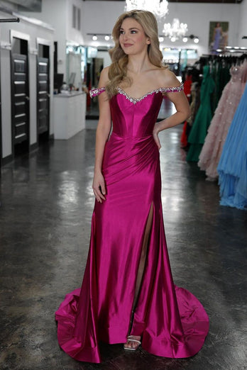 Sparkly Fuchsia Mermaid Off the Shoulder Beaded Satin Corset Long Prom Dress with Slit