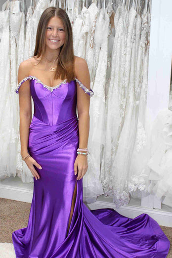 Sparkly Fuchsia Mermaid Off the Shoulder Beaded Satin Corset Long Prom Dress with Slit