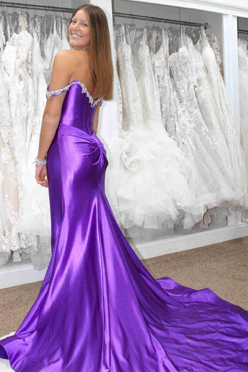 Load image into Gallery viewer, Sparkly Fuchsia Mermaid Off the Shoulder Beaded Satin Corset Long Prom Dress with Slit