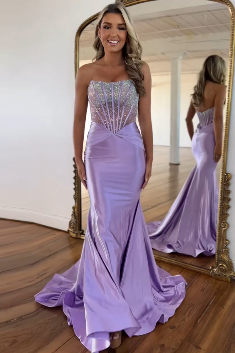 Load image into Gallery viewer, Sparkly Purple Mermaid Beaded Corset Strapless Satin Long Prom Dress