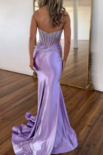 Sparkly Purple Mermaid Beaded Corset Strapless Satin Long Prom Dress