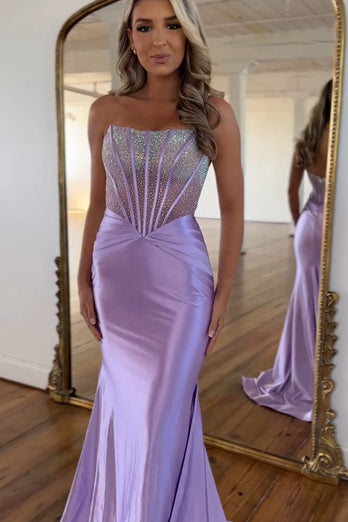 Sparkly Purple Mermaid Beaded Corset Strapless Satin Long Prom Dress