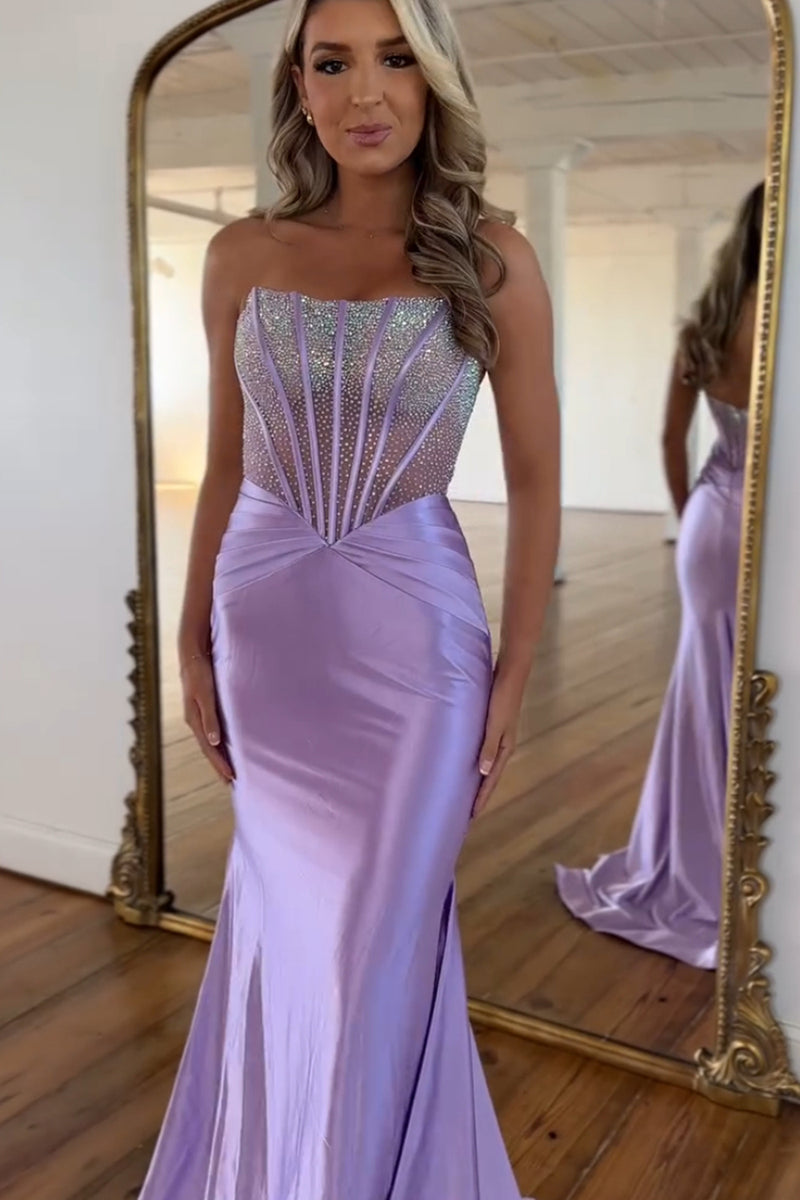 Load image into Gallery viewer, Sparkly Purple Mermaid Beaded Corset Strapless Satin Long Prom Dress