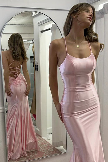 Pink Mermaid Spaghetti Straps Ruched Satin Long Prom Dress