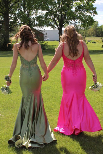 Sparkly Sage Mermaid Spaghetti Straps Satin Long Prom Dress with Appliques