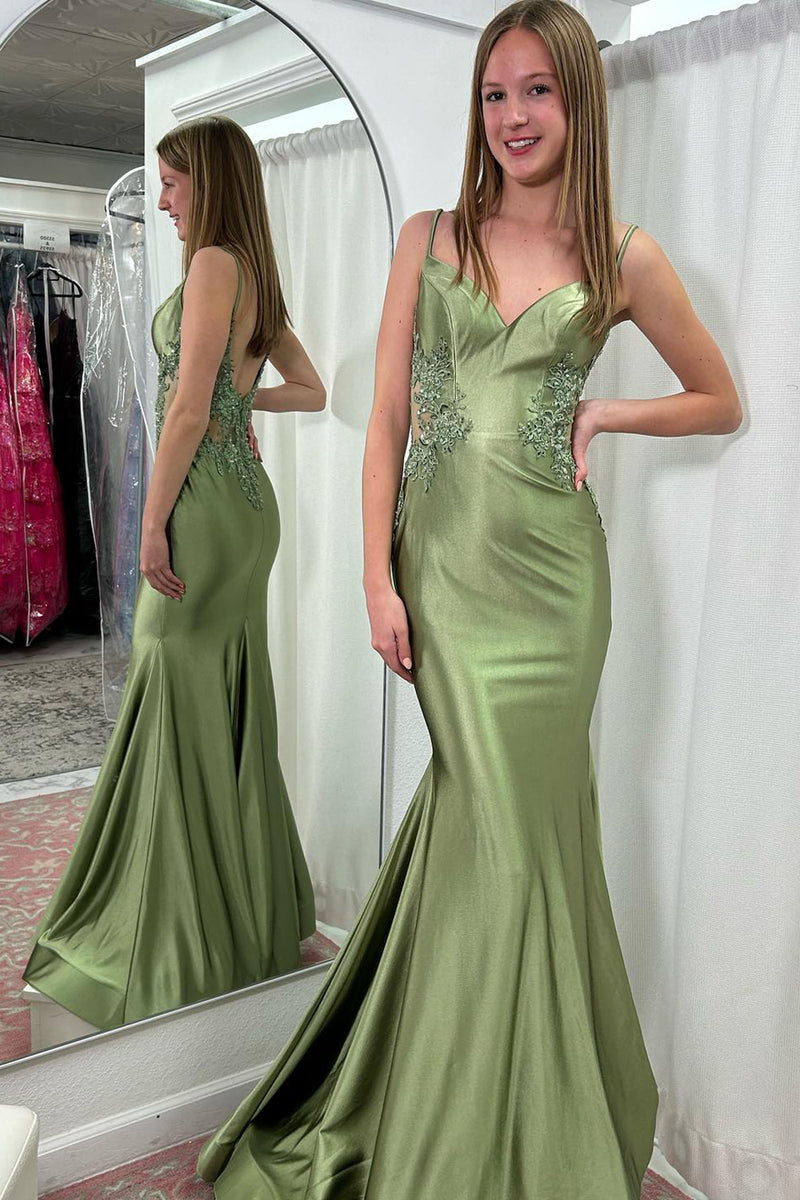 Load image into Gallery viewer, Sparkly Sage Mermaid Spaghetti Straps Satin Long Prom Dress with Appliques