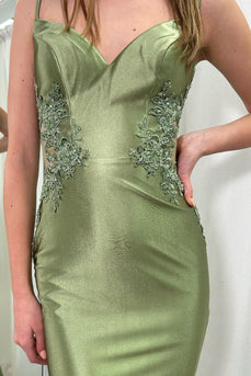 Sparkly Sage Mermaid Spaghetti Straps Satin Long Prom Dress with Appliques