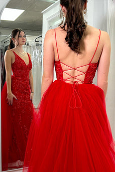 Sparkly Red Mermaid V Neck Tulle Long Prom Dress with Appliques