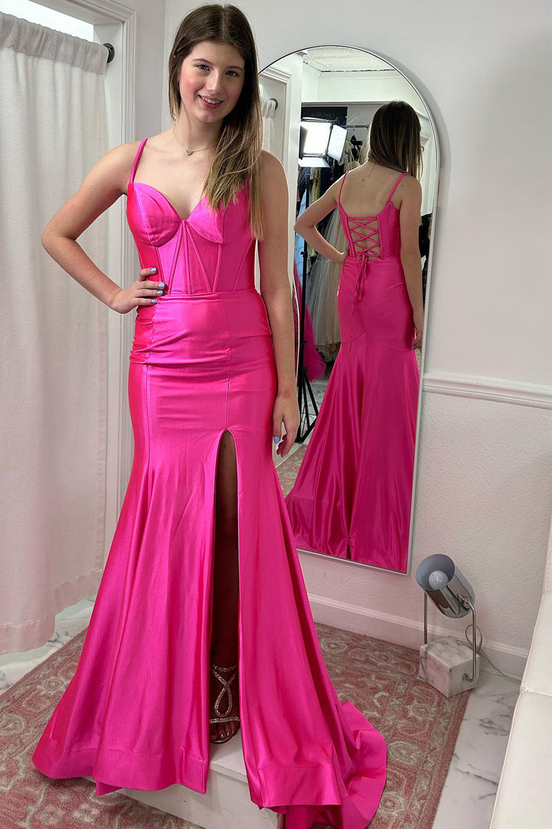 Load image into Gallery viewer, Fuchsia Mermaid Spaghetti Straps Corset Satin Long Prom Dress with Slit