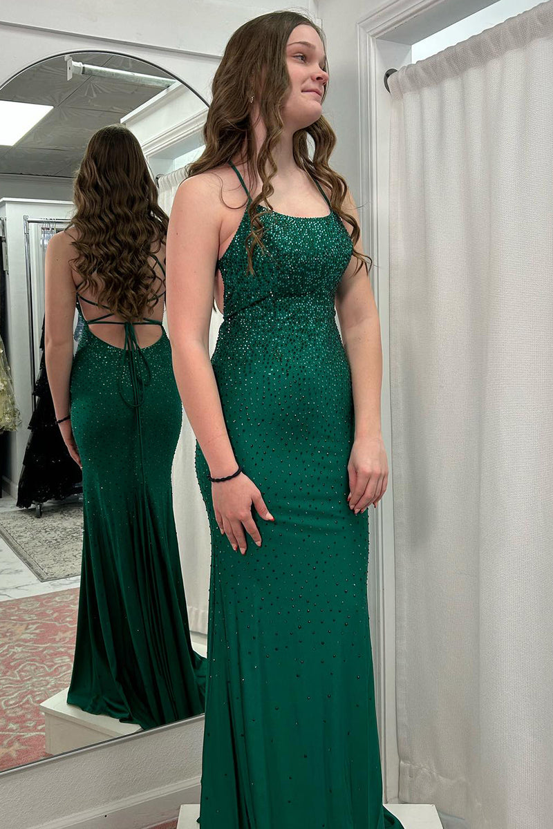 Load image into Gallery viewer, Sparkly Dark Green Mermaid Spaghetti Straps Beaded Satin Long Prom Dress