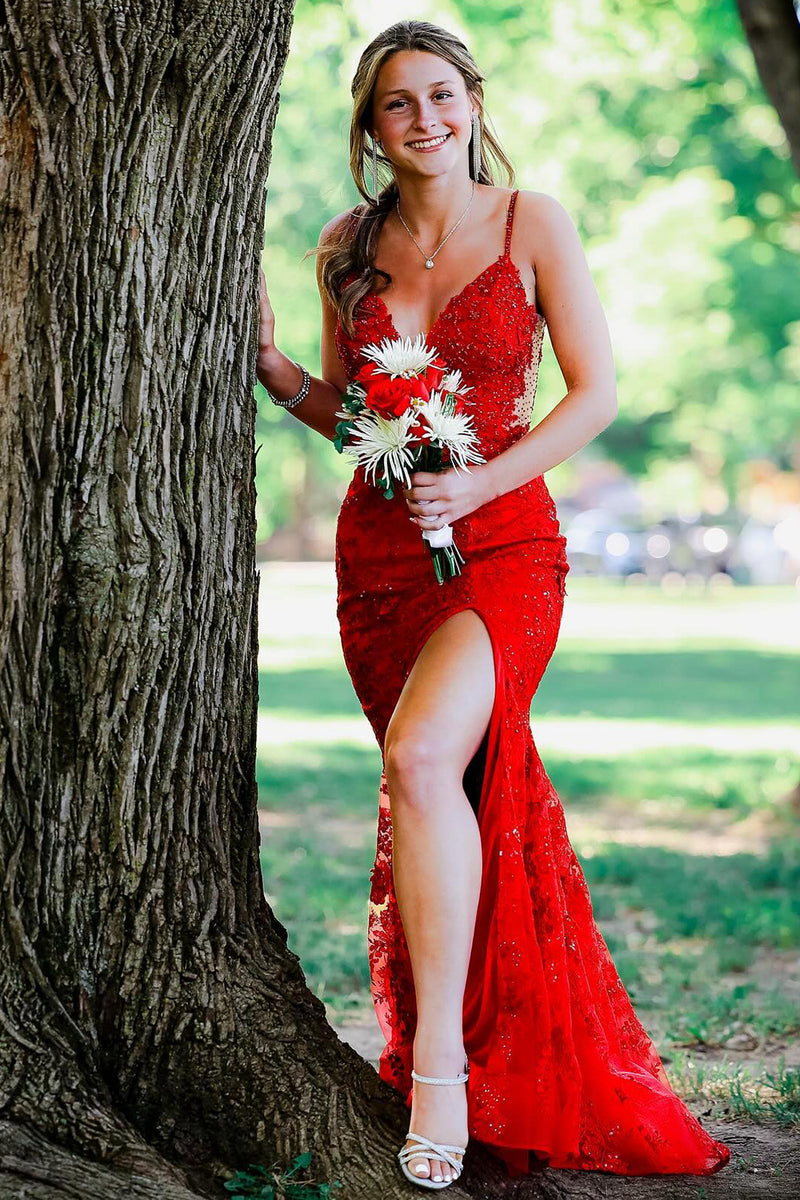 Load image into Gallery viewer, Sparkly Red Mermaid Spaghetti Straps Appliques Long Prom Dress with Slit