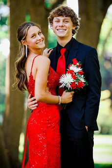 Sparkly Red Mermaid Spaghetti Straps Appliques Long Prom Dress with Slit