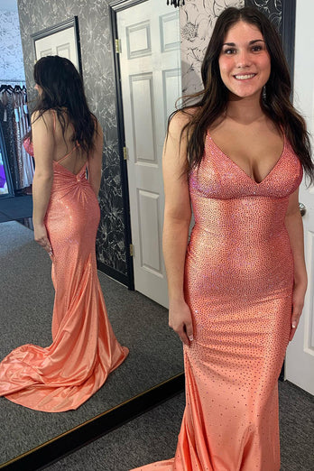 Sparkly Orange Mermaid Spaghetti Straps Beaded Satin Long Prom Dress